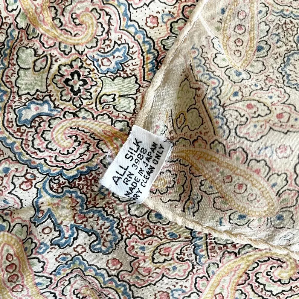 Vintage 70s Paisley Silk Scarf Square Ivory Border Print Old Money Quiet Luxury